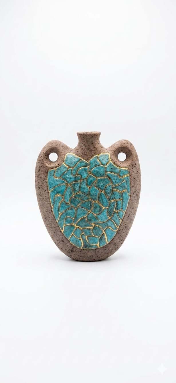Vintage Mid-Century Studio Ceramics Turquoise and Gold Enamel Pottery Flat Flask